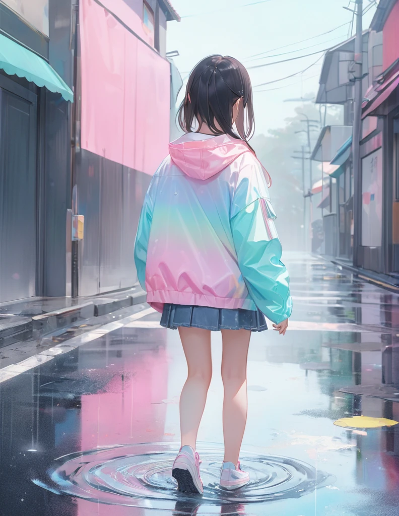 A soft touch to painting、超High resolution, Attention to detail, high quality, High resolution, 最high quality, 4K, 8K,Road after the rain、Puddle and girl、Pastel color effect、whole body