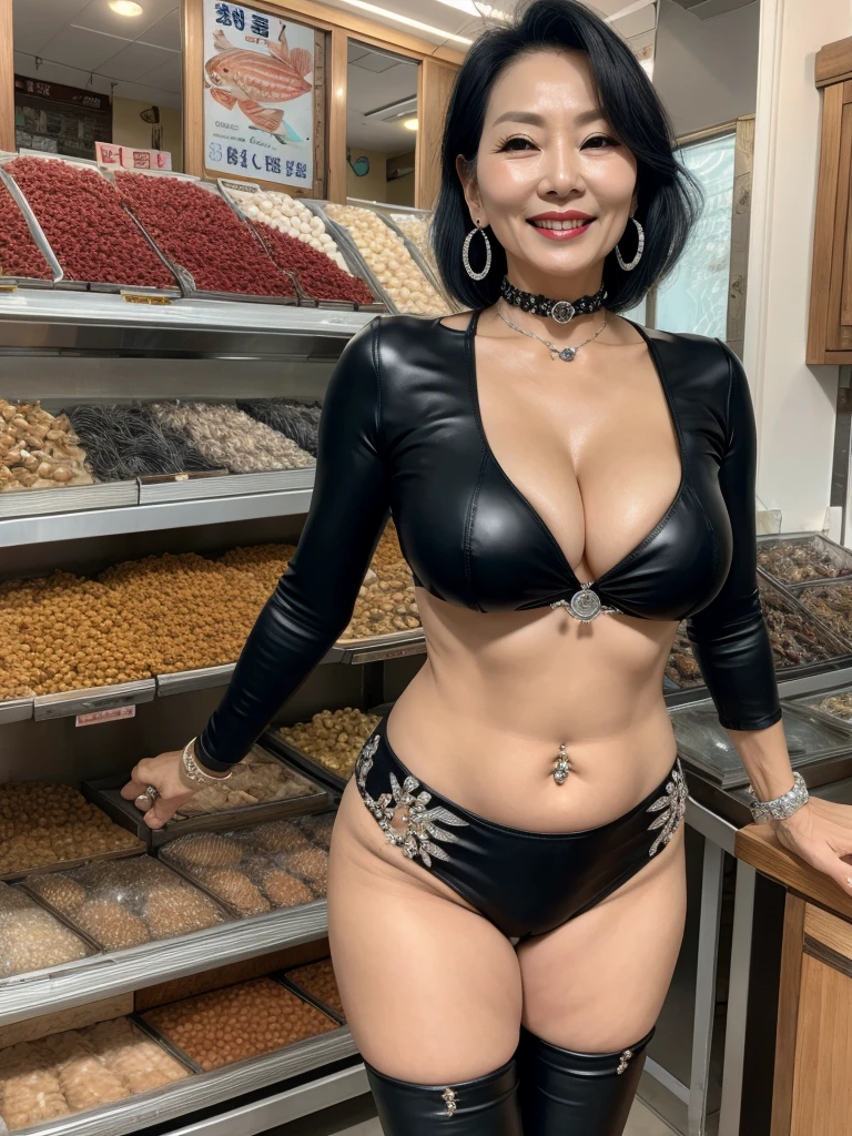 60 years old　mom　milf　Korean, Lady　large earring　Big choker　navel piercing decoration　A bracelet　Silver Hair　realisitic　Gorgeous Madame Beautiful Mature Woman　sexly　Smile　Gentle woman navel piercing　４K　High quality fish shop　Fish Market　sale       Black leather legging