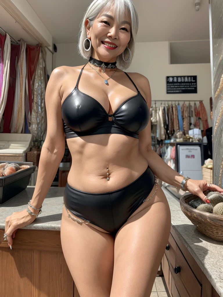 60 years old mom milf Korean, Lady large earring Big choker navel piercing decoration A bracelet Silver Hair realisitic Gorgeous Madame Beautiful Mature Woman sexly Smile Gentle woman navel piercing 4K High quality fish shop Fish Market sale Black leather legging