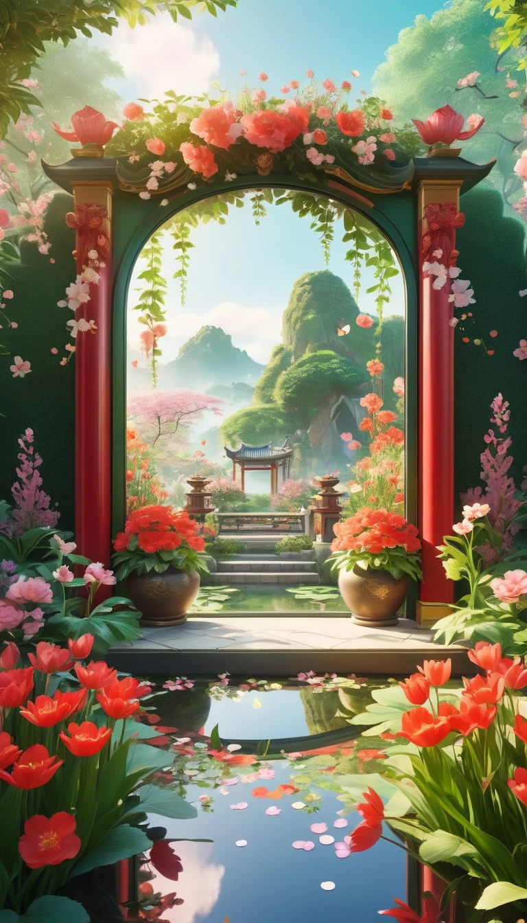 Flowers bloom from a large mirror,镜子中是以粉red云彩为主的天空,There are lots of flowers and plants around,Classic,Spring Garden,red,green,Money,Dreamy scene,virtual reality,Fantasy World