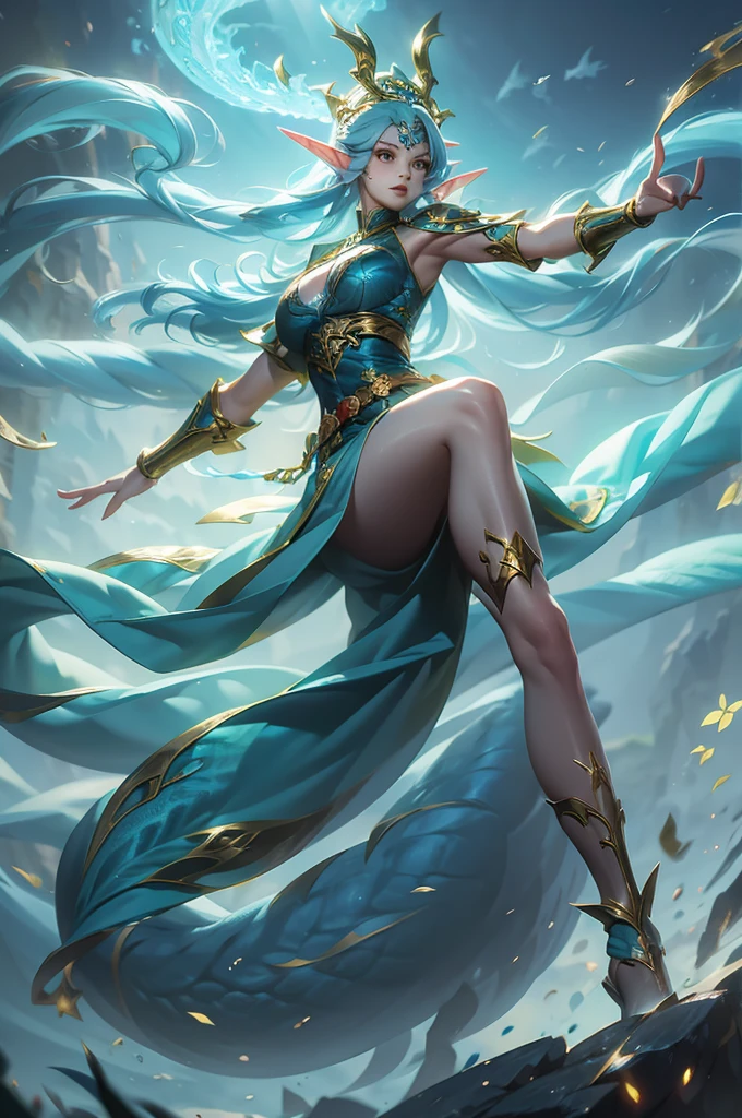 cute young girl, light blue hair, long hair, small braids hair, yellow eyes, dragon horn, dragon tail, elf ear, muscular body, big breast, fight pose
