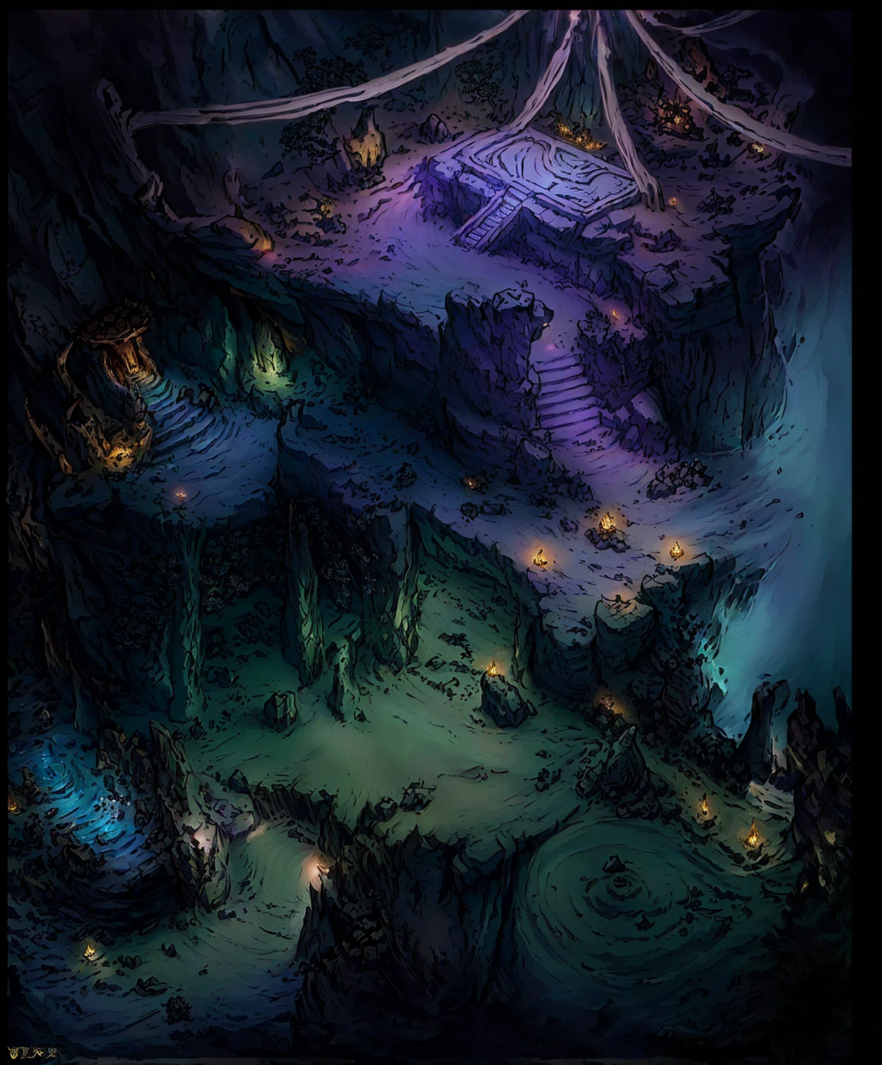 Close up of a cave cartoon style scene with stairs, luminescent Concept Art, Detailed digital 2D fantasy art, magical fantasy 2 d Concept Art, painted as a game Concept Art, Isometric Game Art, intricate and epic Concept Art, Detailed game art, colored Concept Art, World of Warcraft art style, Concept Art, Concept Art
