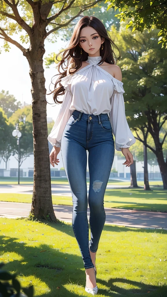 masterpiece, extremery magnificent view, perspective, extremery best quality, extremery detailed CG, 8k wallpaper, high resolution, highly detailed face, highly detailed eyes, perfect anatomy, super detailed skin,
(dynamic angle, dynamic pose:1.2), outdoors, park, tree and pond, (portrait, legs focus, full body), (beautiful face, beautiful eyes, beautiful legs:1.3),
1 girl, solo, (white blouse, blue denim pants:1.3), bare shoulder, long sleeves, (skinny jeans pants:1.3), large breasts, brown hair, long hair, wavy hair, open forehead, blue eyes, skinny, slender, wide hips, thin waist