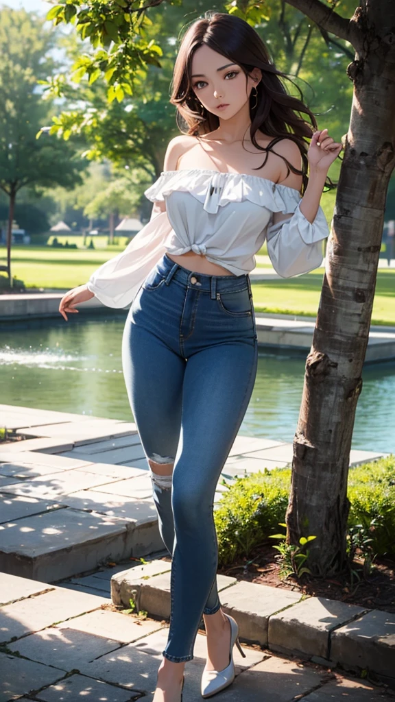 masterpiece, extremery magnificent view, perspective, extremery best quality, extremery detailed CG, 8k wallpaper, high resolution, highly detailed face, highly detailed eyes, perfect anatomy, super detailed skin,
(dynamic angle, dynamic pose:1.2), outdoors, park, tree and pond, (portrait, legs focus, full body), (beautiful face, beautiful eyes, beautiful legs:1.3),
1 girl, solo, (white blouse, blue denim pants:1.3), bare shoulder, long sleeves, (skinny jeans pants:1.3), large breasts, brown hair, long hair, wavy hair, open forehead, blue eyes, skinny, slender, wide hips, thin waist