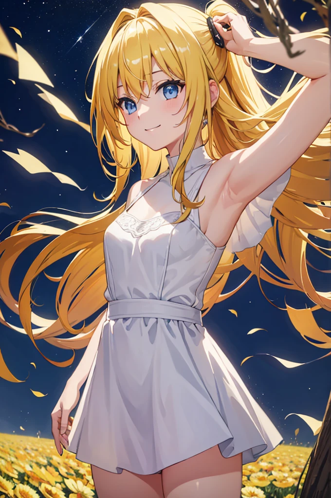 (masterpiece:1.3), (best quality:1.1), (8k, ultra detailed, ultra high res:1.2), ((anime style)), perfect 5 fingers, perfect anatomy, behind arms back,
1girl,
BREAK long hair, wavy hair,
(blonde hair),
(blue eyes),
medium breasts, camisole, (Sequins:1.2), white camisole,
BREAK smile,
(gazing skyward:1.4), standing, cowboy shot, BREAK outdoor, Starry night sky, flower field, galaxy,