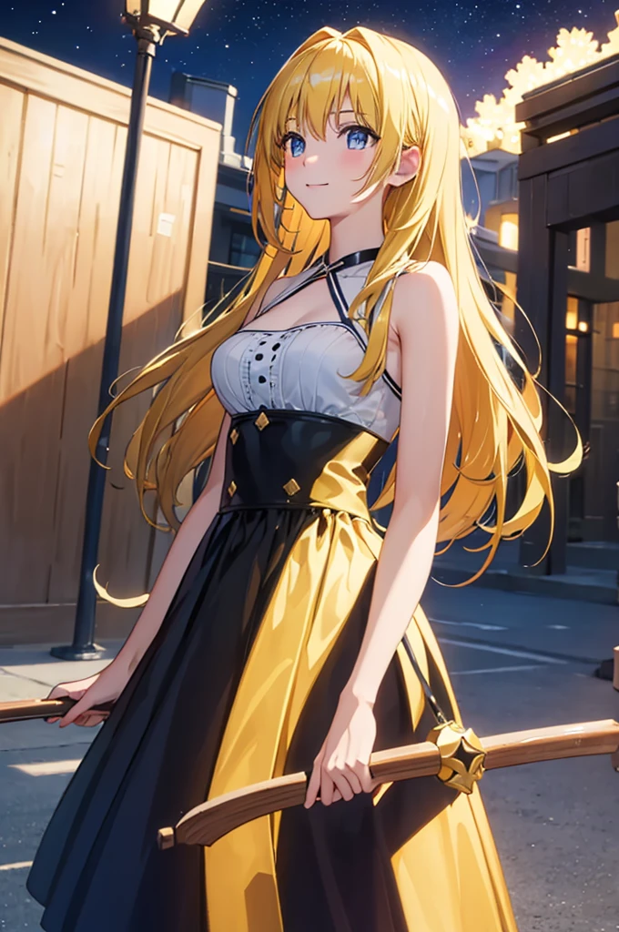 (masterpiece:1.3), (best quality:1.1), (8k, ultra detailed, ultra high res:1.2), ((anime style)), perfect 5 fingers, perfect anatomy, behind arms back, 
1girl,
BREAK long hair, wavy hair, 
(blonde hair), 
(blue eyes), 
medium breasts, camisole, (Sequins:1.2), white camisole, 
BREAK smile, 
(gazing skyward:1.4),  standing, cowboy shot, BREAK outdoor, Starry night sky, flower field, galaxy, 