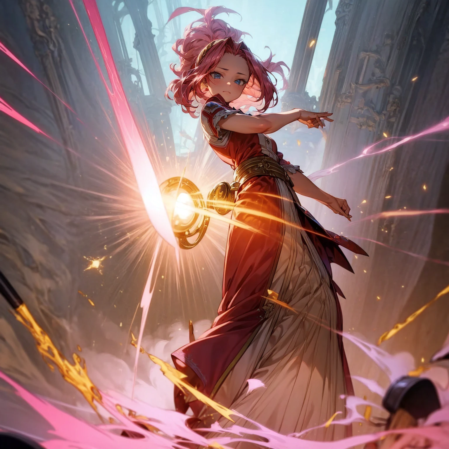 1girl, Full body version, 1character, blue eyes, long Curly haircut, pink colour hair, ancient roman style clothing, red colour clothing, Grassroots, background in field Castle, motion blur, (Hunter x Hunter style), aura effect, lighting aura, smoke effect, lighting sun, sun, plasma effect, smoke effect, fire, golden fireball,