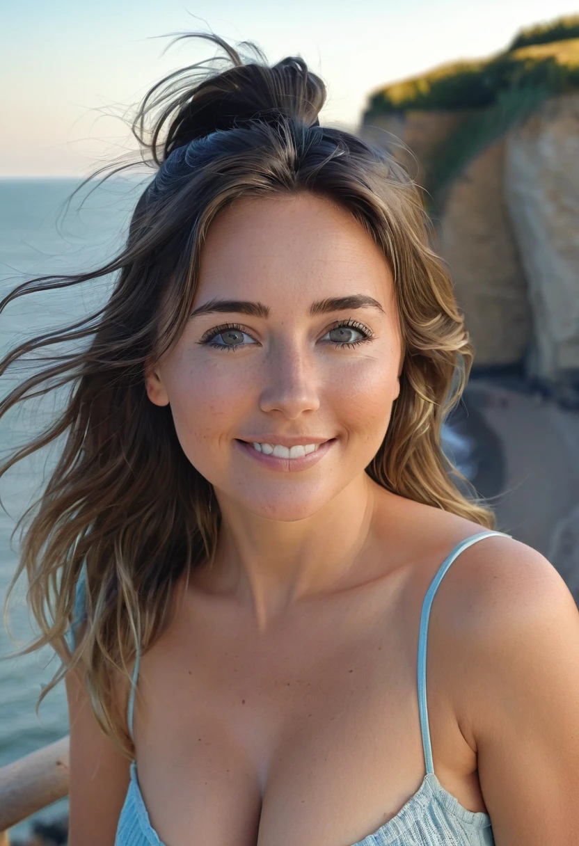 Instagram of hot mature woman 25 years old full body with hair tied in a ponytail and dark layers falling over her face, beautiful face, perfect body, saggy and round medium breasts, slutty smile, firm skin, standing on a holland cliff. Posing for a photo of her, she is wearing a transparent and translucent mini top that reveals her areolas and long nipples, exposing her nipples and areolas, the view of her is from behind looking at her big ass she. Beauty that leaves you speechless, perfect face and body, attractive, beautiful hair, beautiful milf, charming mature, beautiful 25 year old, beautiful 25 year old milf with dark hair with blue highlights at the tips, beautiful body and detailed face, a beautiful milf, bottom of a cliff in holland, golden hour,
