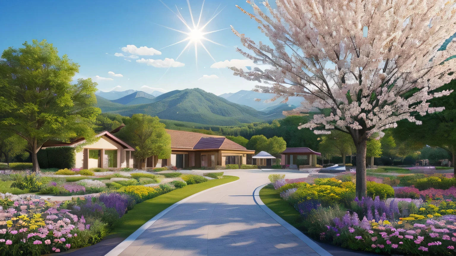 An image of a sunny day landscape, Simple landscape with flowers, Flower Field, unmanned, Animal ban,  Vibrant, Art Style, comics, artistic, Soft Color Palette, As if blown by the wind々Various kinds of flowers, Shine, magical photography, Soft lighting, Light background, Realistic photos, Very detailed, 4K, High resolution, Ultra-thin Sharp,  high quality, Individuality, Beautiful colors, 3D Rendering,