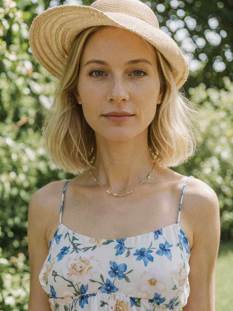 Margaux Dupont, 1girl, solo, realistic, ((short blond)), (((consistent face and image))), ((Caucasian mature)), ((Belgian woman)), ((Belgian nose)), ((Belgian lips)), ((Belgian body and skin)), ((upper body and upper legs)), blue floral Sundress and strappy sandals, sunhat, light jewelry, Setting: picnic dates