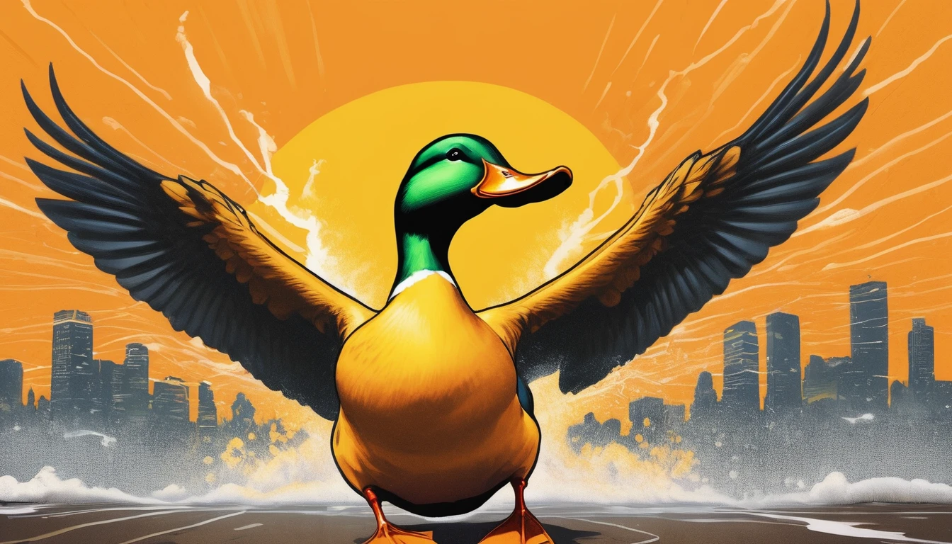 comic epic, (Duck:1.1), it is Harsh, simple Orange and DayGlo yellow background, Thunderstorm, soft focus, Ultra Detailed, Hopeless, Heidelberg School, Direct light, Kodak Ektar, behance, Concept Art World, unreal engine, (graffiti art stylized by Banksy:0.8), (Keith Haring:0.8), Tim Okamura . graphic illustration, comic art, graphic novel art, vibrant, highly detailed