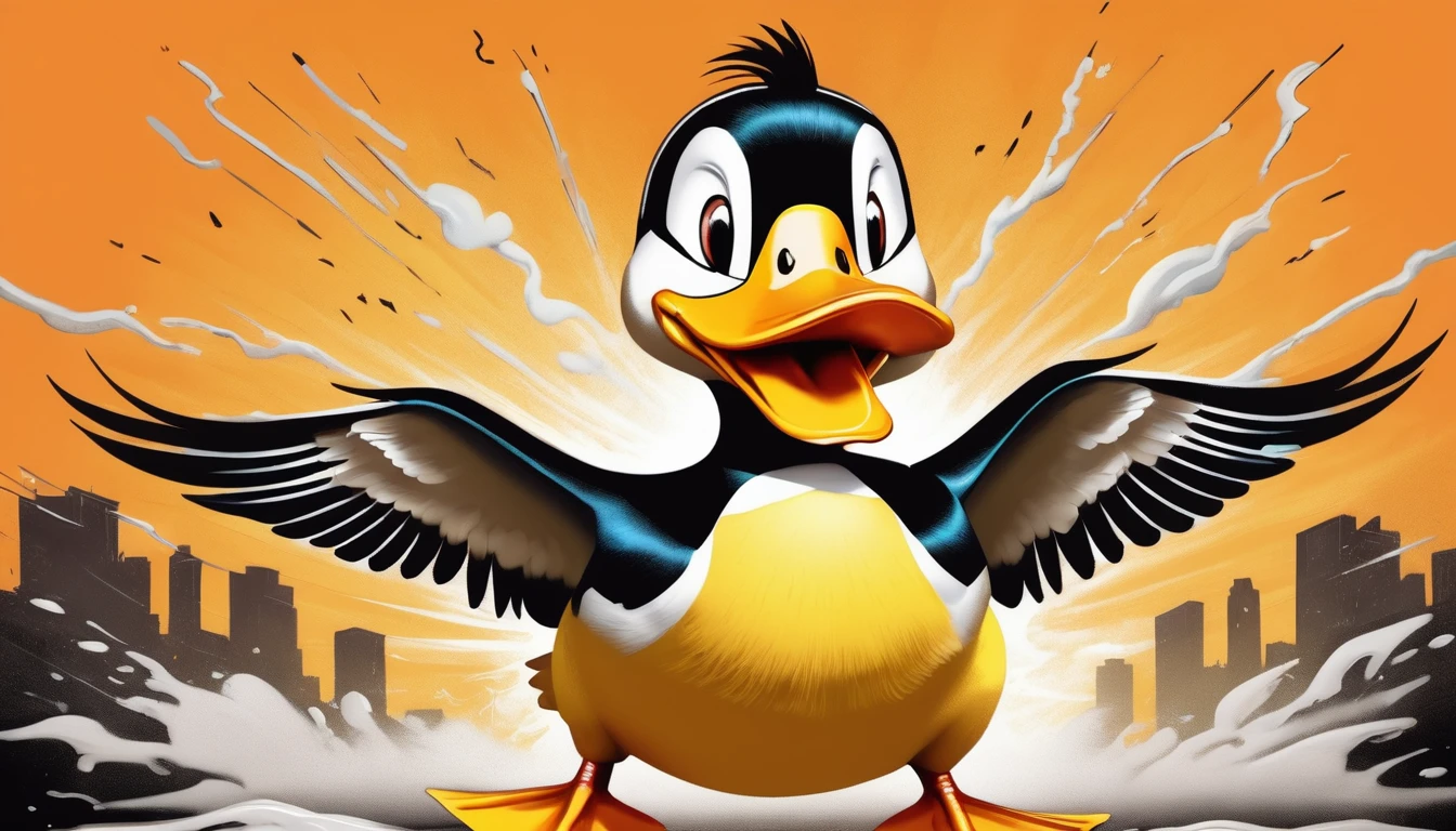 comic epic, (Duck:1.1), it is Harsh, simple Orange and DayGlo yellow background, Thunderstorm, soft focus, Ultra Detailed, Hopeless, Heidelberg School, Direct light, Kodak Ektar, behance, Concept Art World, unreal engine, (graffiti art stylized by Banksy:0.8), (Keith Haring:0.8), Tim Okamura . graphic illustration, comic art, graphic novel art, vibrant, highly detailed