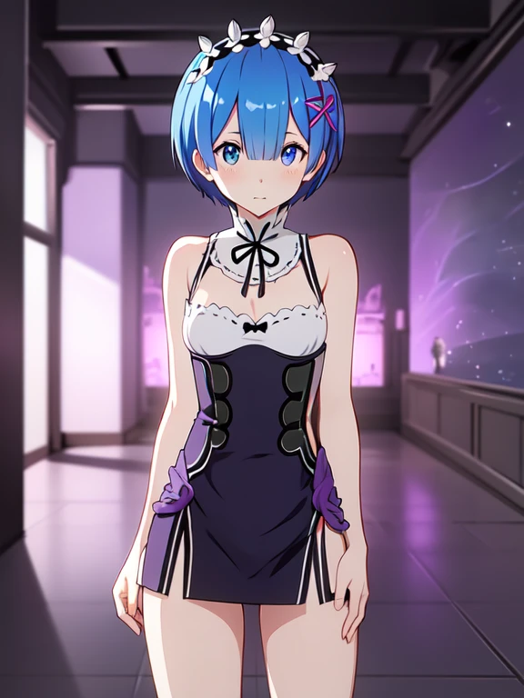 vibrant colors, female, masterpiece, sharp focus, best quality, depth of field, cinematic lighting,rem \(re:zero\), standing, shy, bobcut