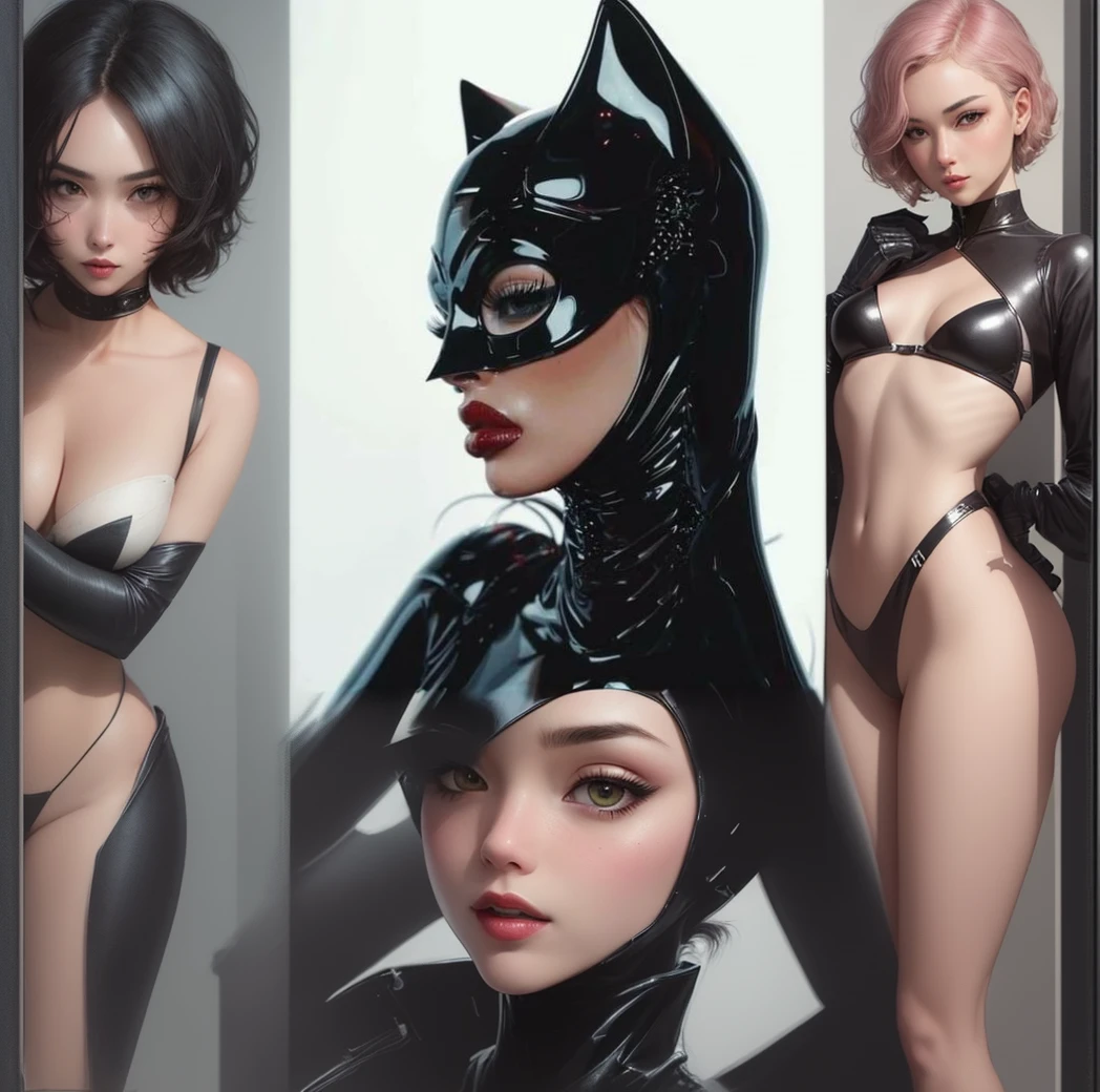 Female、Catwoman、Black vinyl bodysuit、Black Cat Mask、Full body image