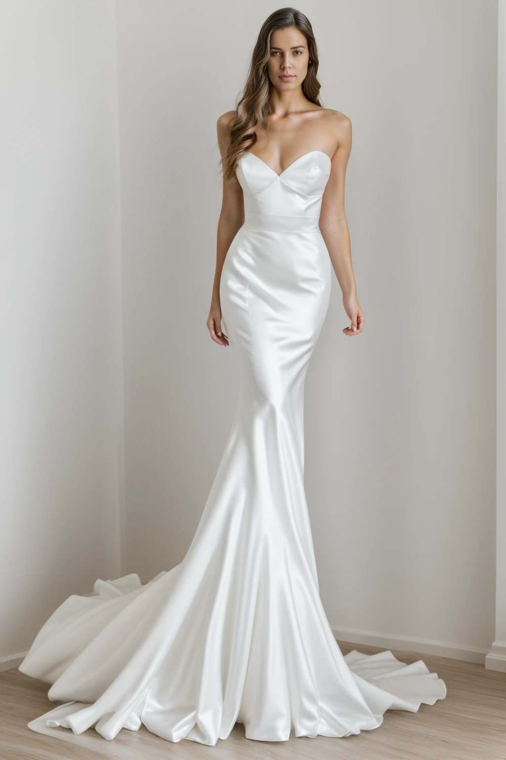 Best quality, 8k, 32k, Masterpiece, Masterpiece, (Photorealistic: 1.4), RAW photo, ultra realistic, 1girl, Fashion model, Wearing a long mermaid wedding dress, satin fabric, full length view, pose Stand upright in white room with a minimalist design, featuring white walls and a clean, modern aesthetic.