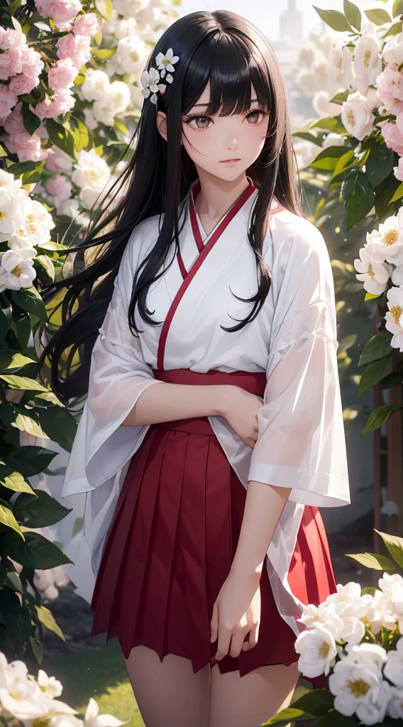 The background is a world of white flowers、(((Highest quality))), Tabletop, High resolution, (((One Girl))), ,Purple eyes、(((Long, straight black hair))),(((Not trimming bangs))),(((Jagged bangs))),(((Wavy bangs))),(((Red long hair ornament))),(((Disjointed bangs))),(Tsundere face),Pink kimono,(((Black Skirt))),(((String Band))),((Dark red floral kimono)), Tyndall effect, Realistic, Shadow Studio, red lighting, Dual Tone Lighting, (High Definition Skins: 1.2) Digital SLR, photograph, High resolution, 4K, 8K, Background Blur,Beautiful fade out、The background is a world of white flowers