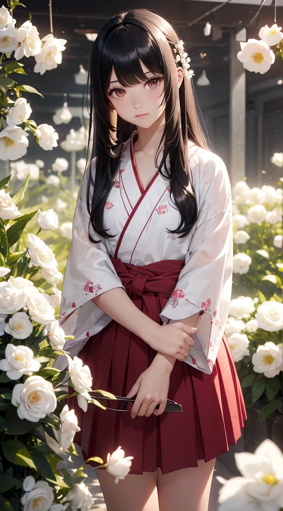 The background is a world of white flowers、(((Highest quality))), Tabletop, High resolution, (((One Girl))), ,Purple eyes、(((Long, straight black hair))),(((Not trimming bangs))),(((Jagged bangs))),(((Wavy bangs))),(((Red long hair ornament))),(((Disjointed bangs))),(Tsundere face),Pink kimono,(((Black Skirt))),(((String Band))),((Dark red floral kimono)), Tyndall effect, Realistic, Shadow Studio, red lighting, Dual Tone Lighting, (High Definition Skins: 1.2) Digital SLR, photograph, High resolution, 4K, 8K, Background Blur,Beautiful fade out、The background is a world of white flowers