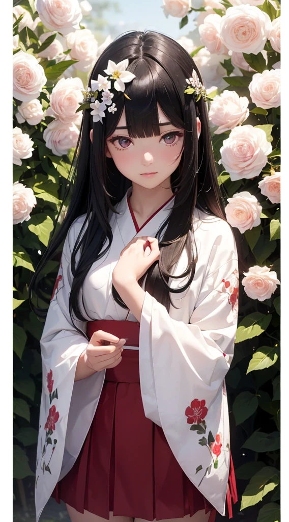 The background is a world of white flowers、(((Highest quality))), Tabletop, High resolution, (((One Girl))), ,Purple eyes、(((Long, straight black hair))),(((Not trimming bangs))),(((Jagged bangs))),(((Wavy bangs))),(((Red long hair ornament))),(((Disjointed bangs))),(Tsundere face),Pink kimono,(((Black Skirt))),(((String Band))),((Dark red floral kimono)), Tyndall effect, Realistic, Shadow Studio, red lighting, Dual Tone Lighting, (High Definition Skins: 1.2) Digital SLR, photograph, High resolution, 4K, 8K, Background Blur,Beautiful fade out、The background is a world of white flowers