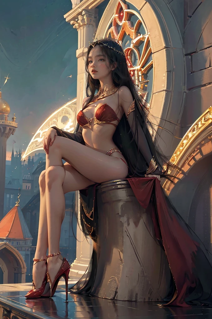 ((aeolian)), 1 girl, beautiful face, Princess, (wearing a red gown with no underwear), very long black hair, slim body with long legs, shiny skin, castle background, wearing high heels, full body view, sitting on throne with legs pulled up against her chest