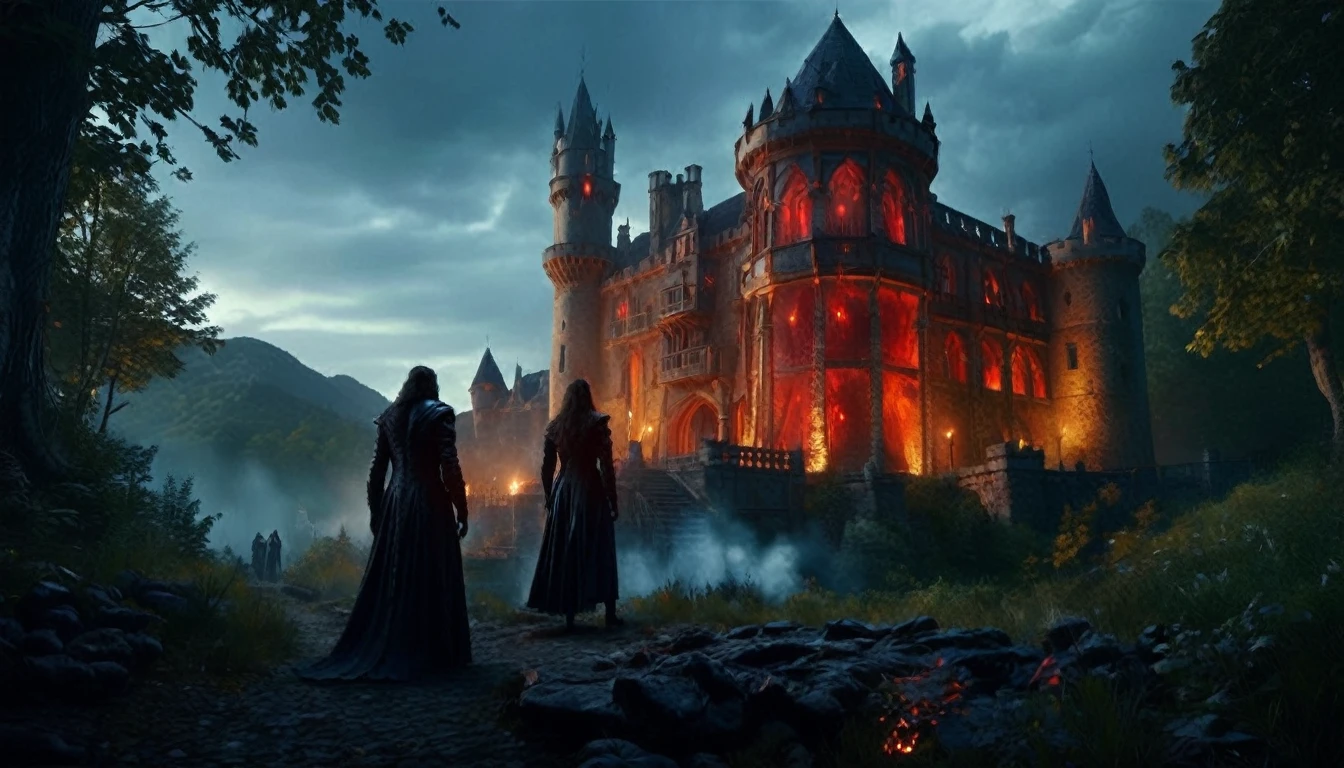 Characters: Vampires, Description: in a dark and mysterious setting, Era: ancient mythological times, Clothing: traditional and gothic, Location: ancient forest and old castles, Action: standing and observing, Background: dark forests and castles, Shot type: wide shot, Style: hyper-realistic, photo realism, cinematography