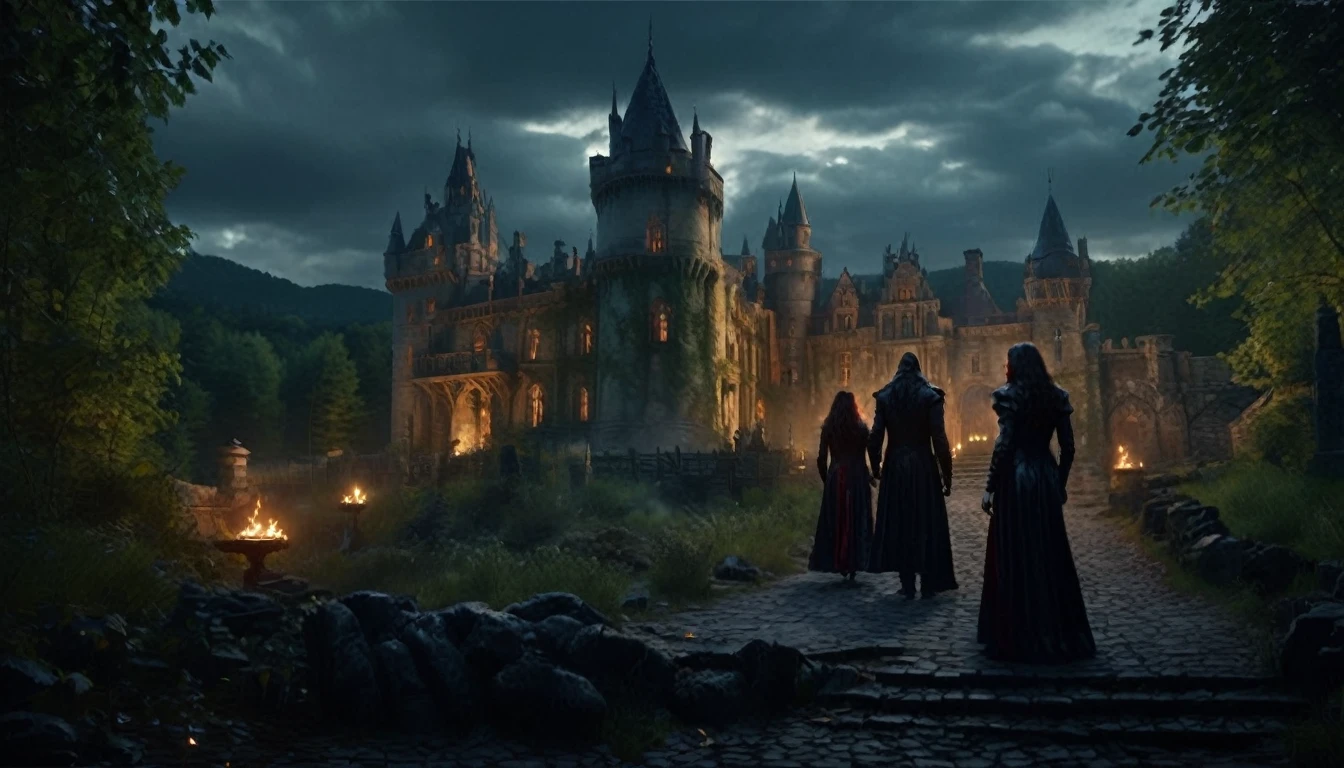 Characters: Vampires, Description: in a dark and mysterious setting, Era: ancient mythological times, Clothing: traditional and gothic, Location: ancient forest and old castles, Action: standing and observing, Background: dark forests and castles, Shot type: wide shot, Style: hyper-realistic, photo realism, cinematography