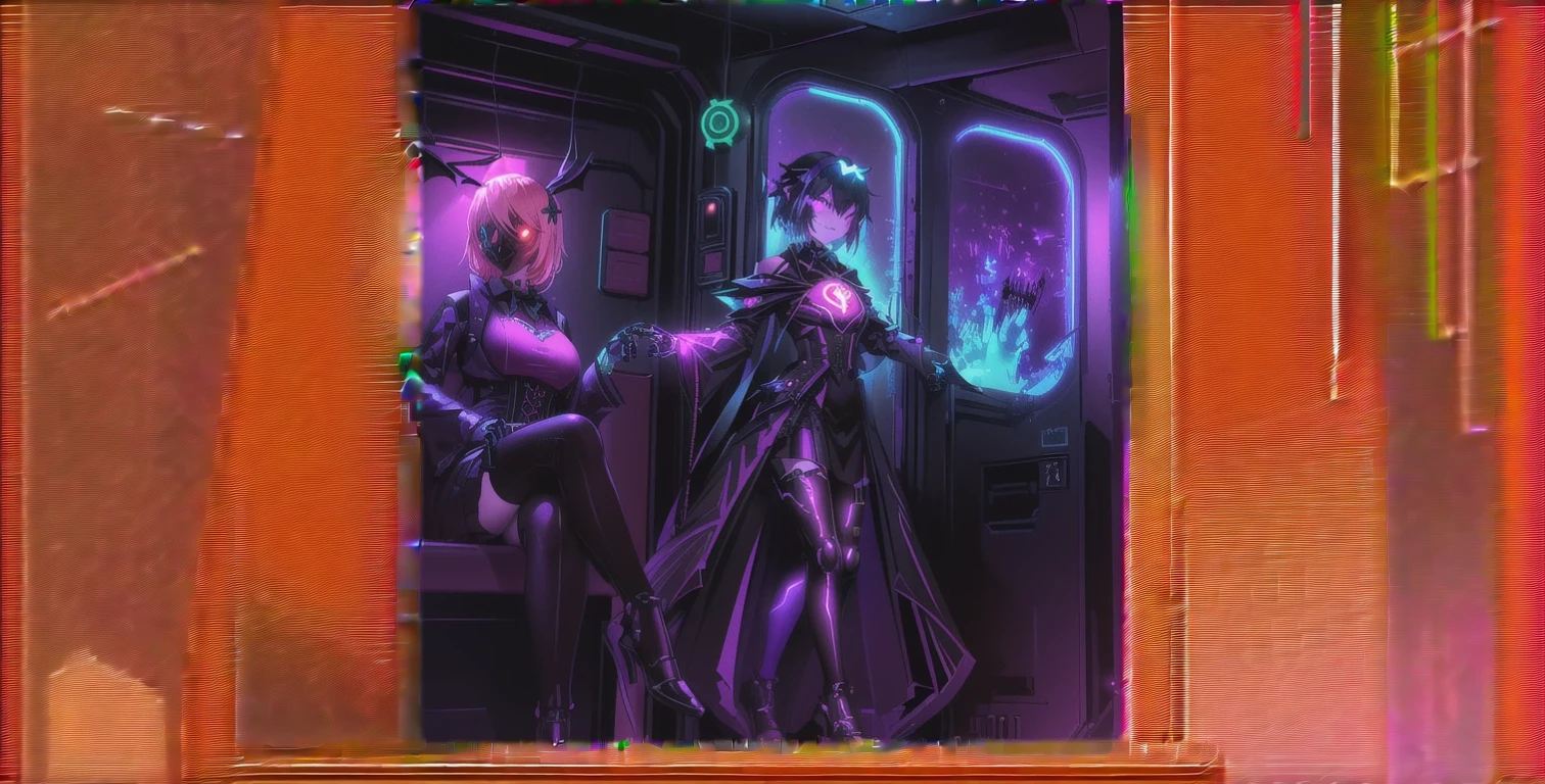 Generate a vibrant and eerie Halloween-themed train interior. Details: - Protagonist: "Rabbit Killer" who was a girl in a cyberpunk outfit with a bloodstained rabbit mask. - Train decorations: Bat-shaped paper decorations, pumpkins, spider webs, with a neon twist. - Lighting: Pink and purple neon lights. - Floor and walls: Pink bloodstains. - Ghosts: Holographic projections floating through the air. - Passengers: Cosplaying as cyberpunk and horror characters (skeletons with mechanical parts, neon-outlined ghosts, witches with futuristic gadgets). - Additional elements: Electronic jack-o'-lanterns, holographic bats hanging from the ceiling. Atmosphere: - A mix of eerie and exciting, with a futuristic, haunted vibe.