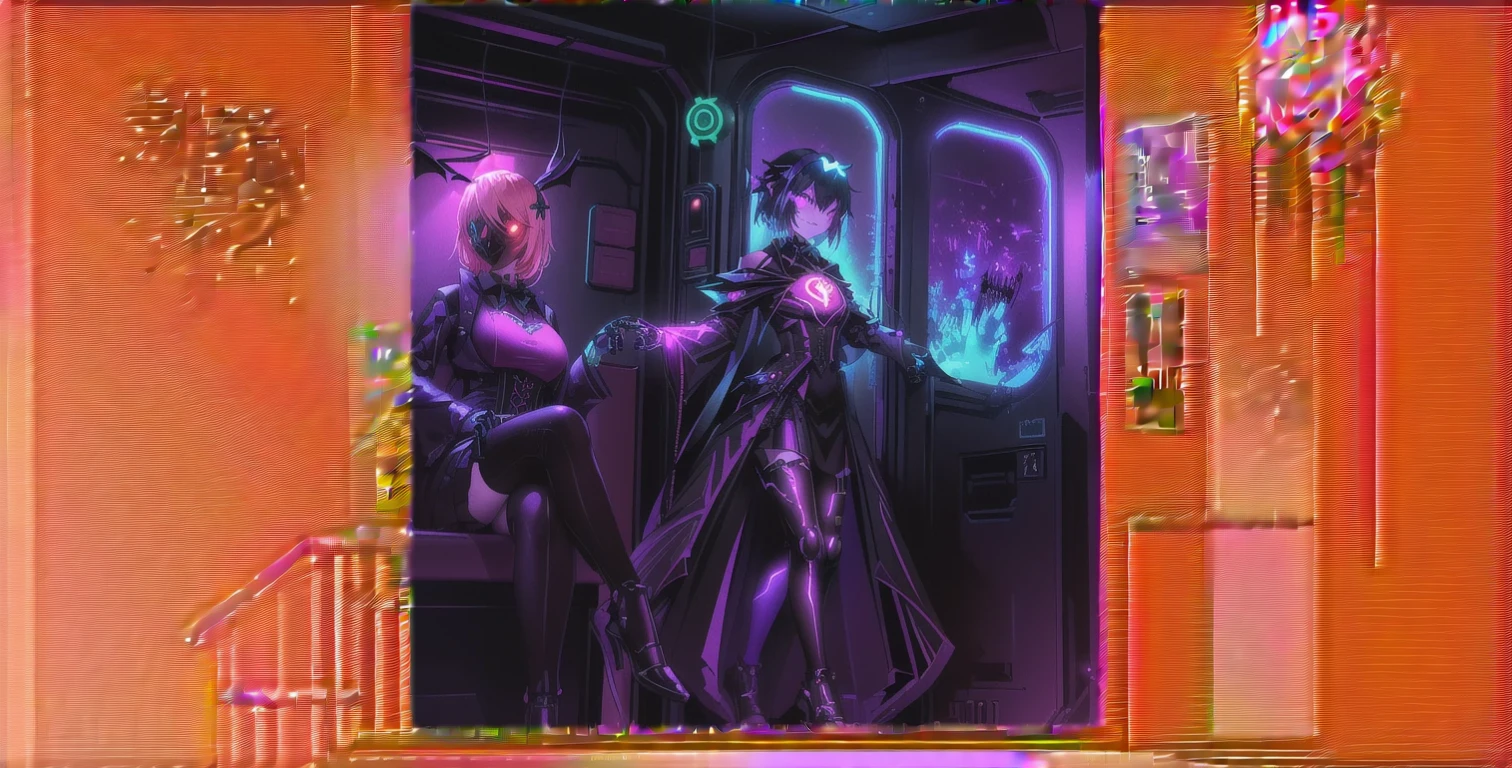 Generate a vibrant and eerie Halloween-themed train interior. Details: - Protagonist: "Rabbit Killer" who was a girl in a cyberpunk outfit with a bloodstained rabbit mask. - Train decorations: Bat-shaped paper decorations, pumpkins, spider webs, with a neon twist. - Lighting: Pink and purple neon lights. - Floor and walls: Pink bloodstains. - Ghosts: Holographic projections floating through the air. - Passengers: Cosplaying as cyberpunk and horror characters (skeletons with mechanical parts, neon-outlined ghosts, witches with futuristic gadgets). - Additional elements: Electronic jack-o'-lanterns, holographic bats hanging from the ceiling. Atmosphere: - A mix of eerie and exciting, with a futuristic, haunted vibe.