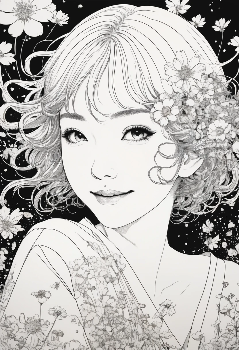 Line art、virgin、Splattered、Crazy Smile、Falling Flowers、takato yamamoto&#39;style、Dark and detailed patterned background、Traditional patterns of Japan、Browsing Caution