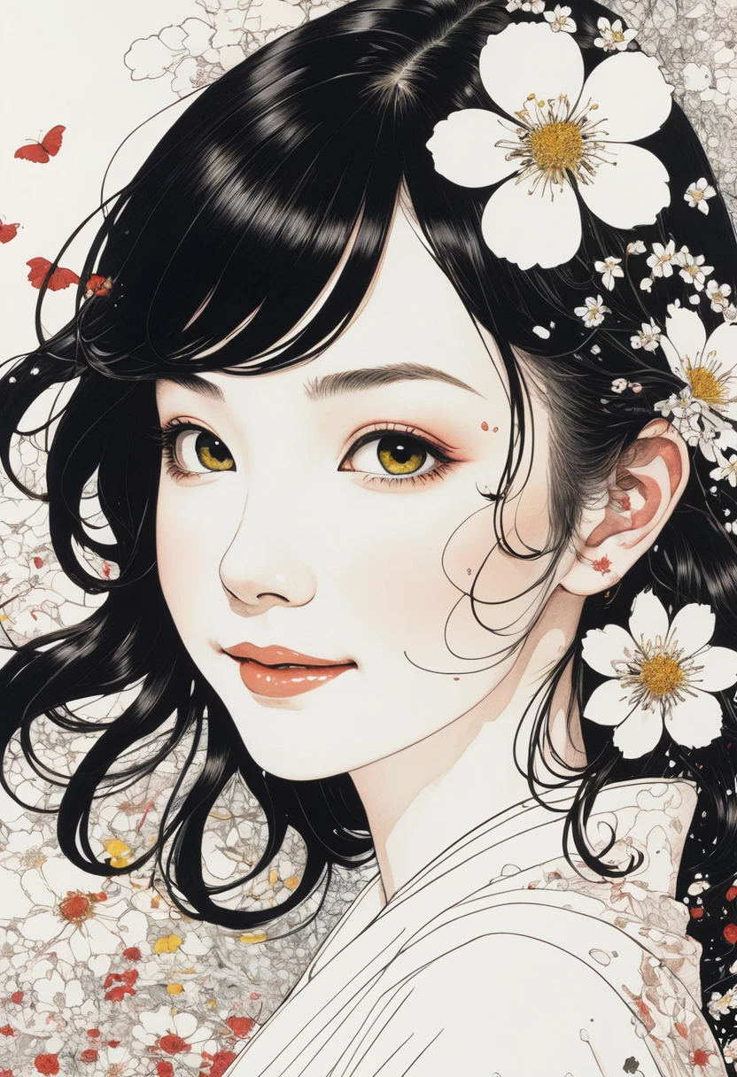 Line art、virgin、Splattered、Crazy Smile、Falling Flowers、takato yamamoto&#39;style、Dark and detailed patterned background、Traditional patterns of Japan、Browsing Caution