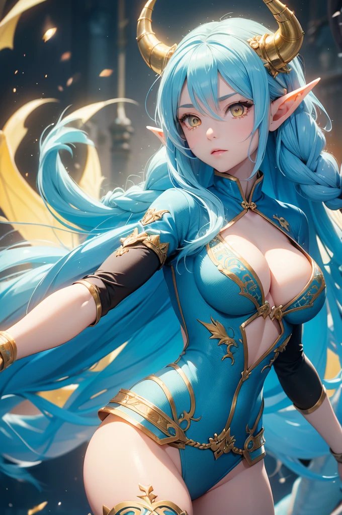 cute young girl, light blue hair, long hair, small braids hair, yellow eyes, dragon horn, dragon tail, elf ear, muscular body, big breast, fight pose