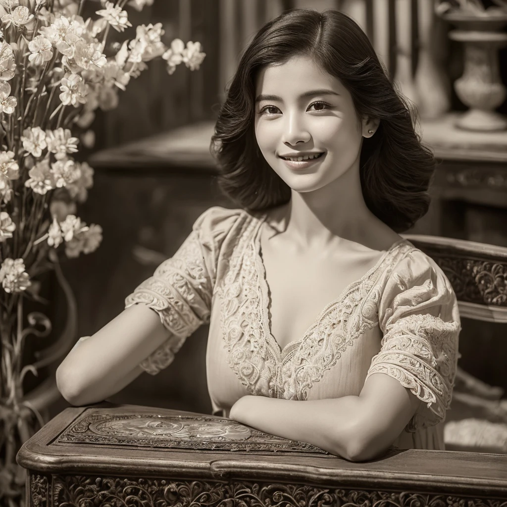 there is a woman sitting on a bench with a smile on her face, nivanh chanthara, mai anh tran, dang my linh, ruan jia beautiful!, handsome girl, bautiful, in style of lam manh, charming smile, with cute - fine - face, beutiful, gorgeous lady, fanart, a cute young woman, lovely woman
breathtaking, (finely intricate detailed:1.7)(RAW photo:1.3), (big scratches  on parts of the photo:1.8)(light sepia-toned photo) (noisy picture:0.5)    (perfectly designed  hands:1.3),  1912, a young beautiful woman,black and white (19 th century daguerreotype photo quality:1.1), ( flash with magnesium:1.6) , photo shoot, pre-raphaelitism, Auguste et Louis Lumière style. hand victorianstyle, Extremely high-resolution details, photographic, realism pushed to extreme, fine texture, incredibly lifelike westworld movie style, award-winning, professional, highly detailed