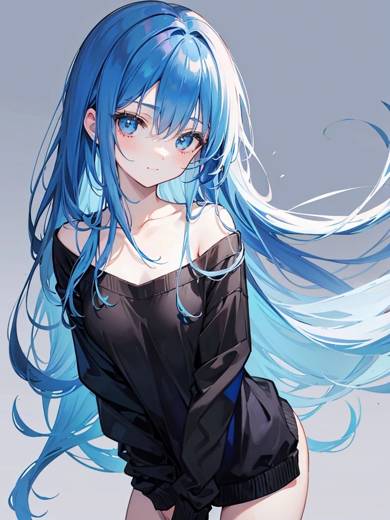 blue hair, long hair, portrait, casual look, girl, Honest and cool, transparent background, small smile, half-naked black jumper