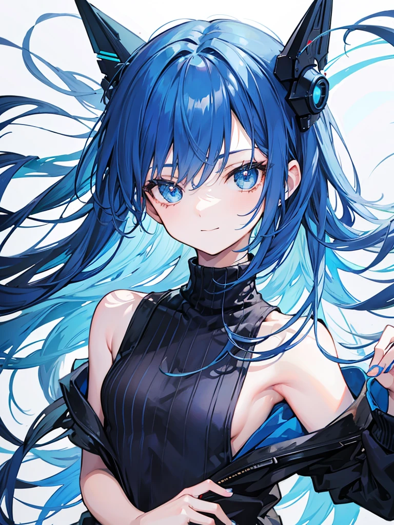 blue hair, long hair, portrait, casual look, girl, Honest and cool, transparent background, small smile, half-naked black jumper