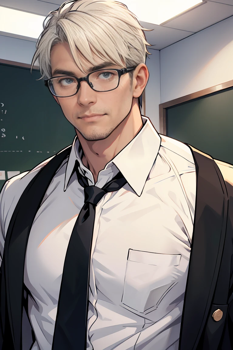 A 40 years old man, white button shirt, eye glasses, black tie, school principal