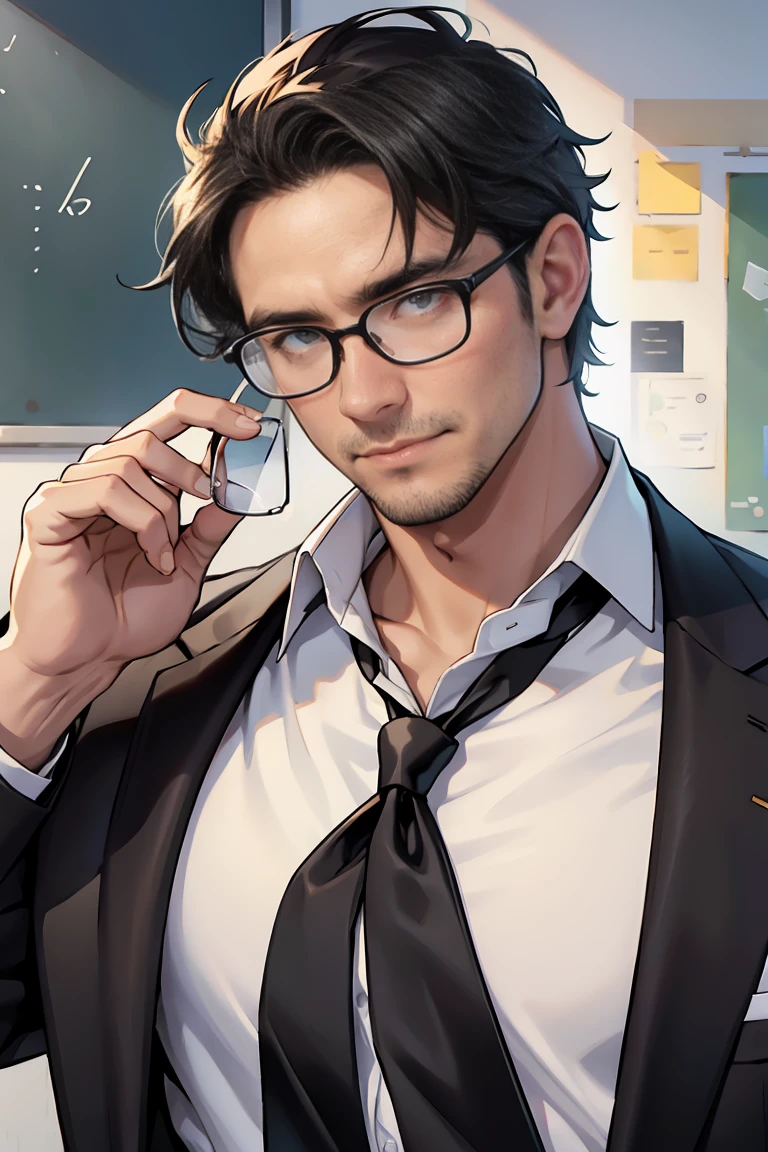 A 40 years old man, white button shirt, eye glasses, black tie, school principal