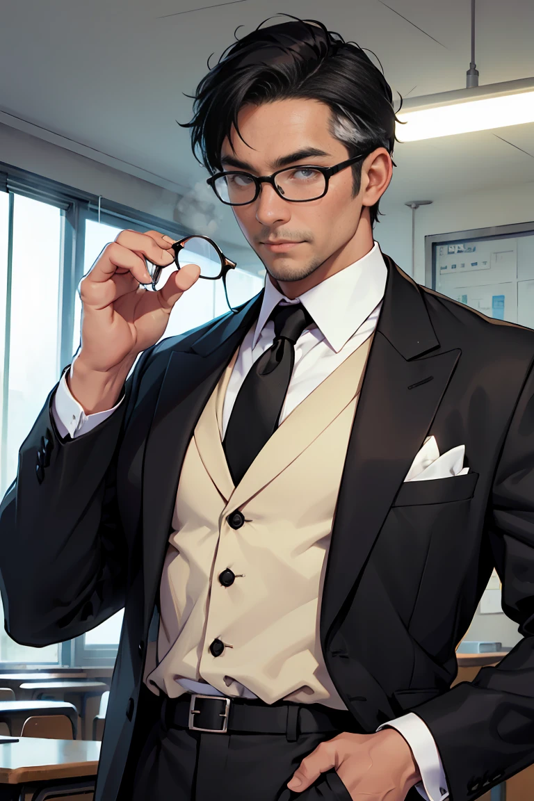 A 40 years old man, white button shirt, eye glasses, black tie, school principal