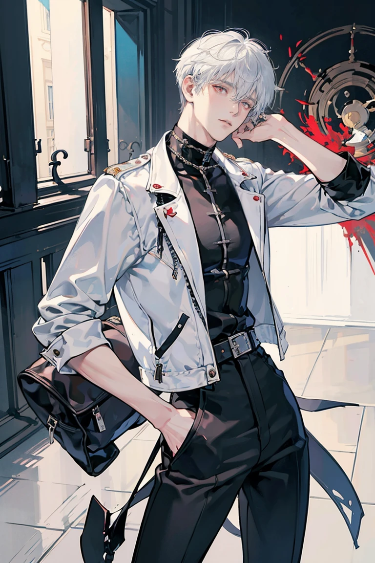 anime - (masterpiece), best quality, seductive eyes, mature face, red eyes, short messy white haircut, short length white hair, plain white t shirt, black leather jacket, black pants, tall man, long legs, masculine, broad shoulders, adult-like, full body, both hands on his pockets, bad boy, motorcycle