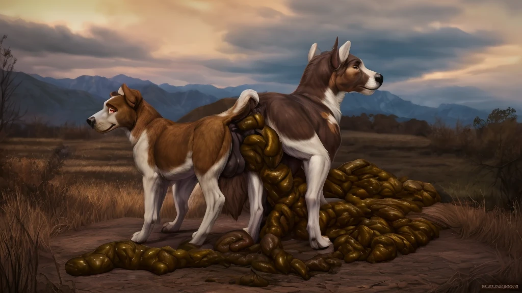 photorealistic, duo, ((((feral dog, hyper penis with scat, ass, ass-to-ass)))), hyper realistic, cinematic colors, cinematic lighting, incredible detail, 16k resolution, award winning photography, ((((feral)))), side view,