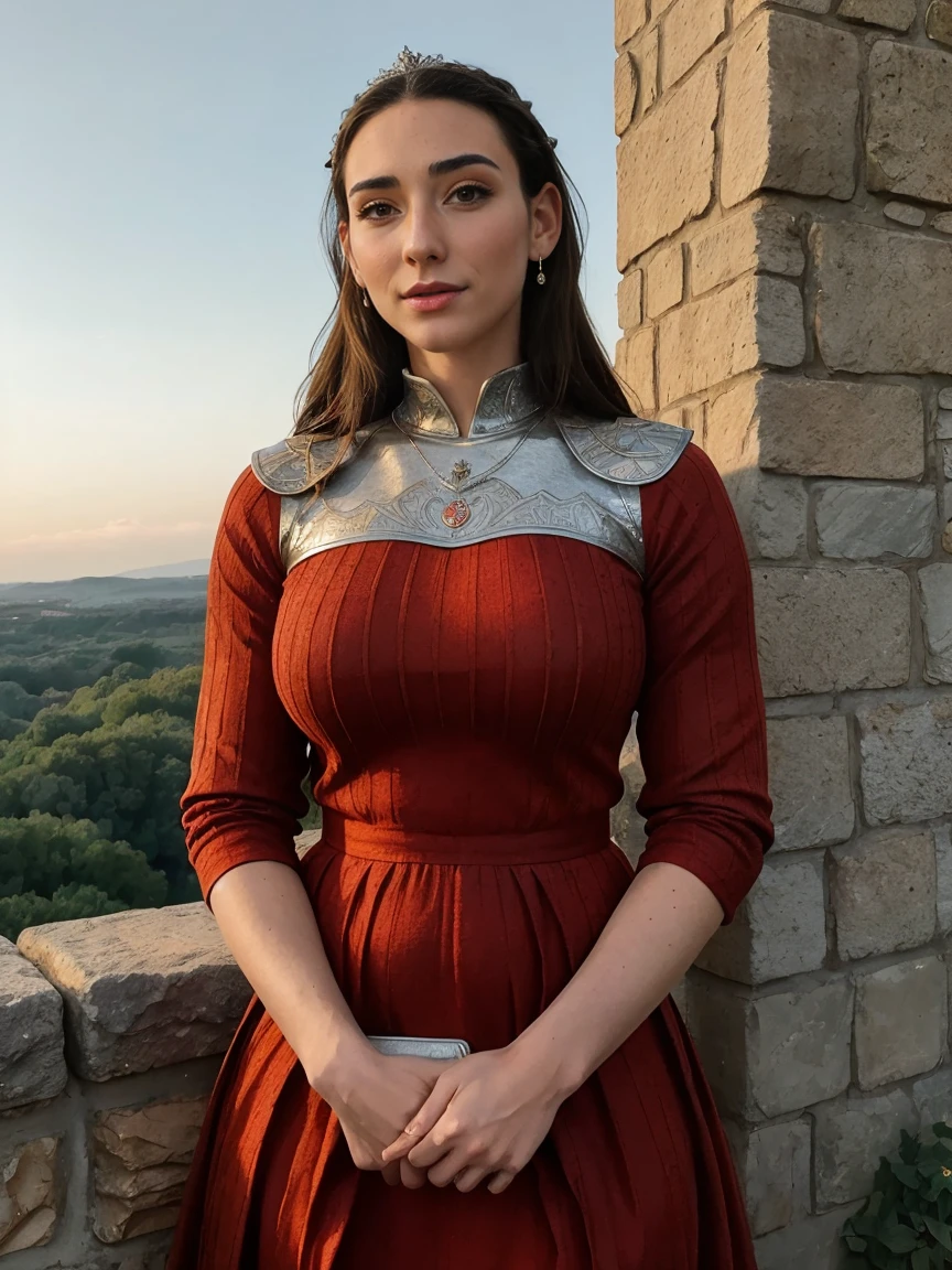 Beautiful and regal, imperious and aloof, busty athletic (thin) brunette queen with sharp facial features, crown braid, wearing a dark red medieval dress, long sleeves, intricate patterns, embroidery, wide neck, crown, veil, long dress, tight bodice, (silver waist chain), medieval jewelry, Middle Ages, castle, rampart, wall, exterior, on top of a castle wall, trees, countryside, evening, sunset.