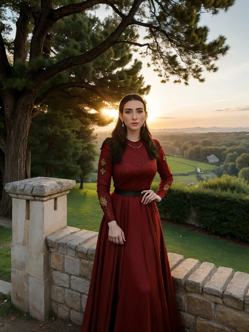 Beautiful and regal, imperious and aloof, busty athletic (thin) brunette queen with sharp facial features, crown braid, wearing a dark red medieval dress, long sleeves, intricate patterns, embroidery, wide neck, crown, veil, long dress, tight bodice, (silver waist chain), medieval jewelry, Middle Ages, castle, rampart, wall, exterior, on top of a castle wall, trees, countryside, evening, sunset.