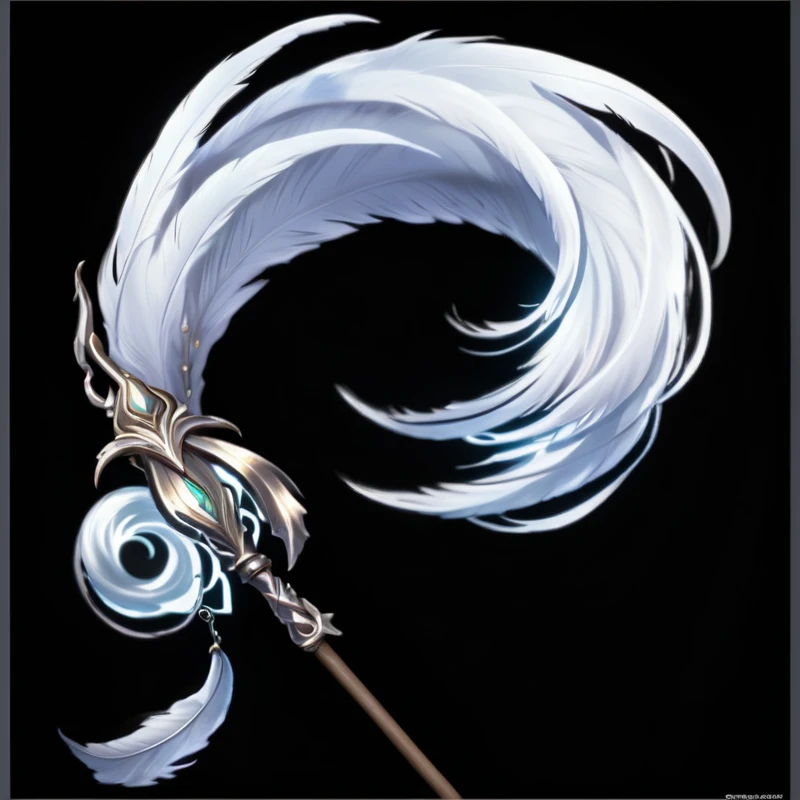 Close up of a white feather on a stick on a black background, Magic Wand, The style of the Ghost Slayer Blade, Wind Mage, Dragon Staff, Dragon Staff, Wind Mage!, realistic lance, wizard Magic Wand, Sticks, Role Playing Game Items, whirlwind, Magic Fishing Rod Weapon, Fantasy Scythe, Medieval spears, White hair floating in the air