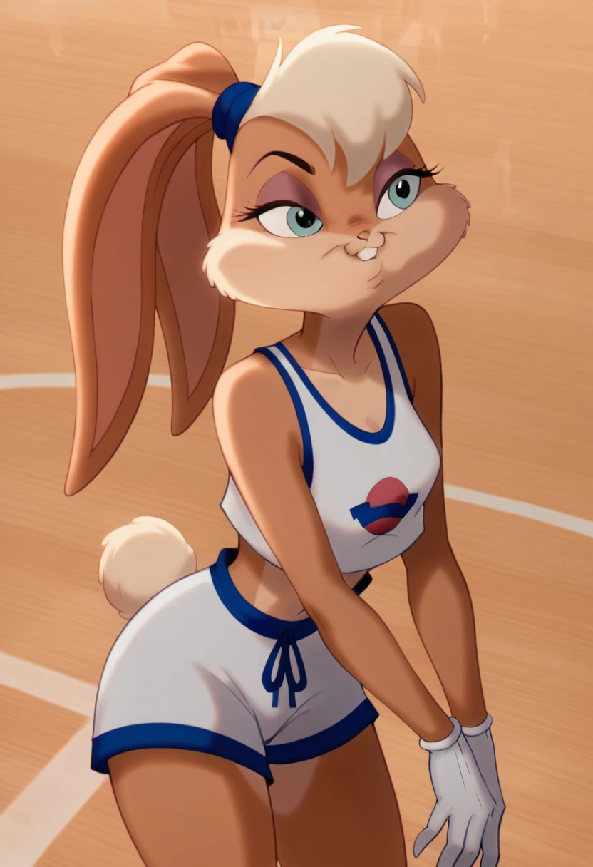 (masterpiece, best quality), 1girl, lolabunny, furry, white shorts, white gloves, tank top, sportswear, animal nose, sexy, nsfw, large brasts