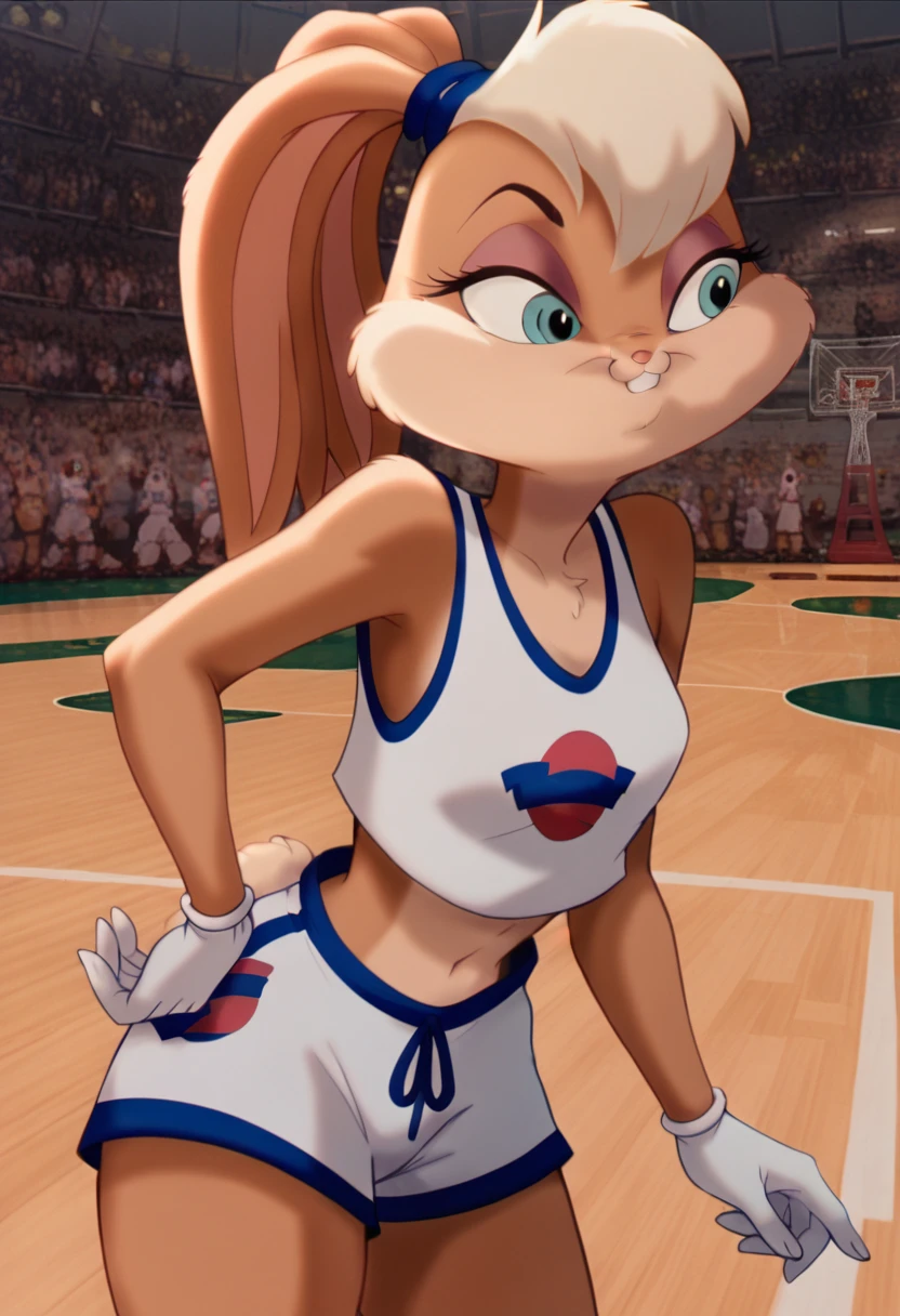 (masterpiece, best quality), 1girl, lolabunny, furry, white shorts, white gloves, tank top, sportswear, animal nose, sexy, nsfw, large brasts