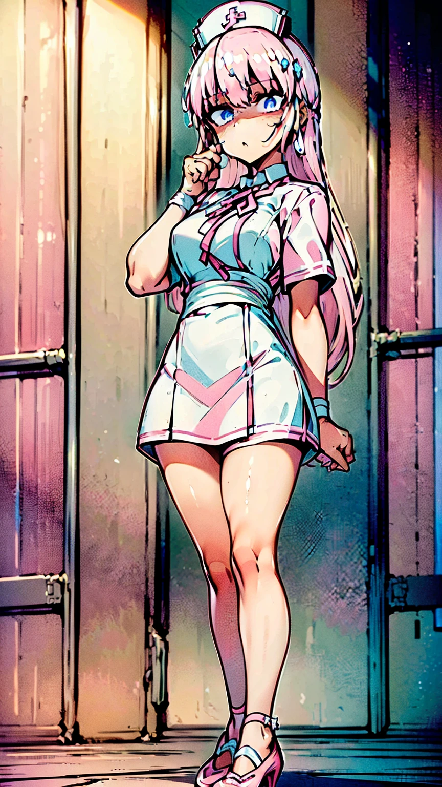 ((masterpiece)), ((Best quality)), (a high resolution:1.3), (Professional photography:1.2), 1 girl (Bianca Abercrombie), One, Bandage, cross Bandage, high heel shoes (pink shoes ), pink long hair, Blue eyes, pink pupils, shy, bare thighs, Pink nurse clothes, nurse cap, (nurse uniform), Cross decoration, nurse, standing, (middle finger, you), Clinic