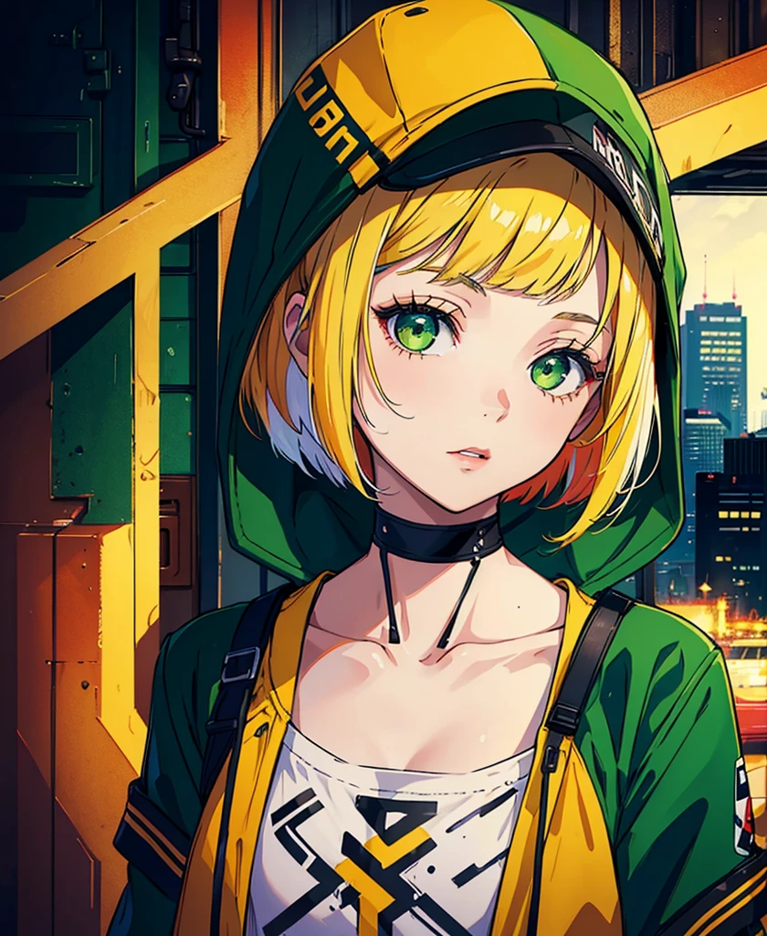 masterpiece,Highest quality,One girl,alone,Multicolored Hair,Bobcut,No background,Streetwear,model,Black Hair,Blonde, Green Eyes