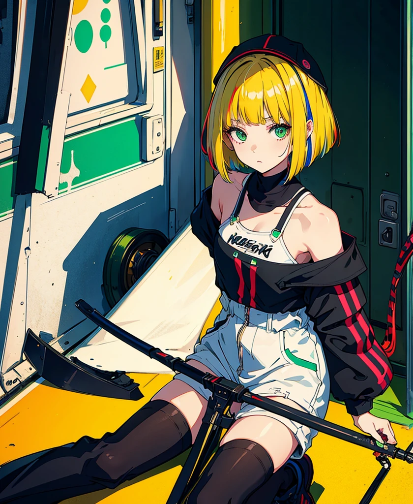 masterpiece,Highest quality,One girl,alone,Multicolored Hair,Bobcut,No background,Streetwear,model,Black Hair,Blonde, Green Eyes