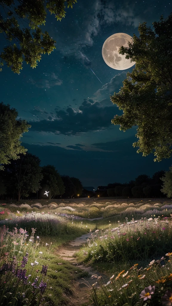 A fantastical night scene with a full moon and transparent butterflies, a field of colorful flowers, and a starry sky transitioning to dawn or dusk.
