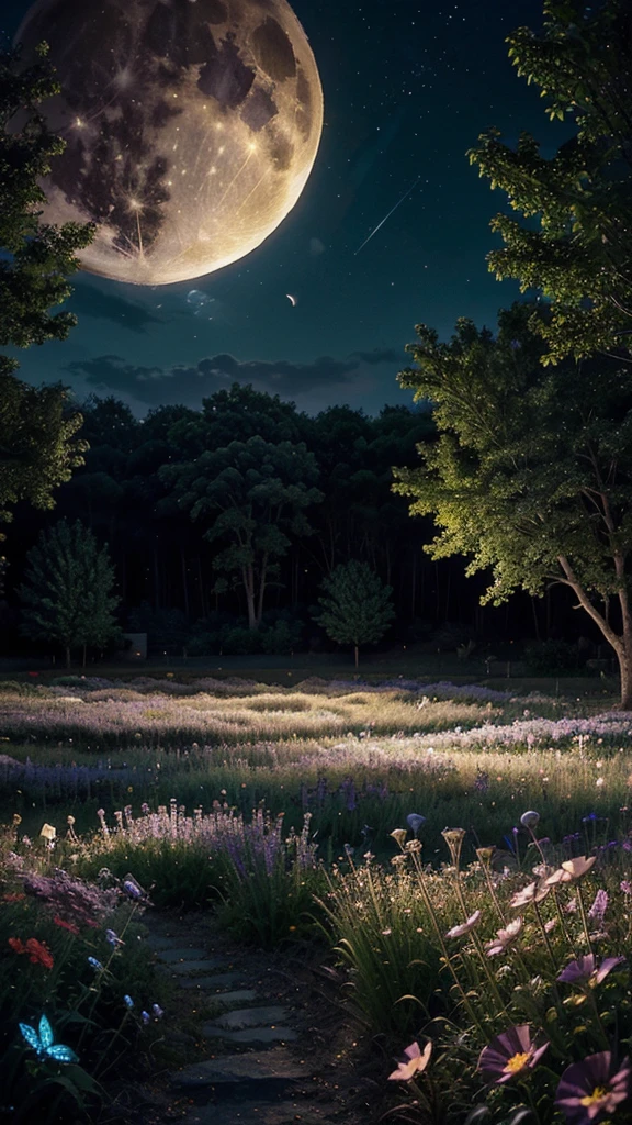 A fantastical night scene with a full moon and transparent butterflies, a field of colorful flowers, and a starry sky transitioning to dawn or dusk.