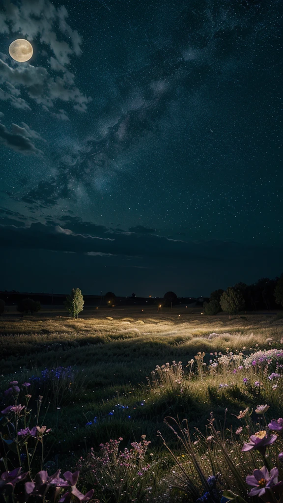 A fantastical night scene with a full moon and transparent butterflies, a field of colorful flowers, and a starry sky transitioning to dawn or dusk.