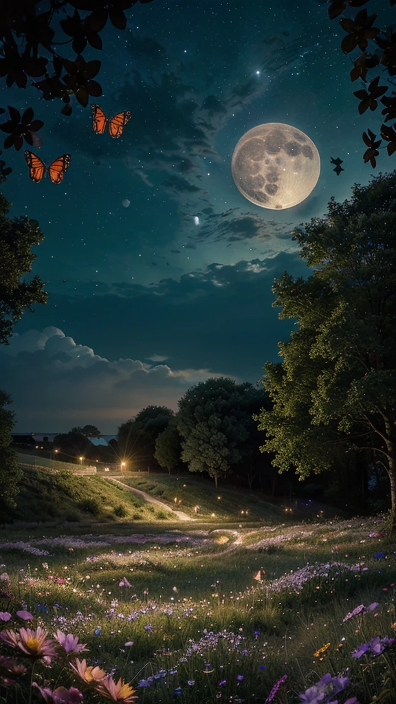 A fantastical night scene with a full moon and transparent butterflies, a field of colorful flowers, and a starry sky transitioning to dawn or dusk.